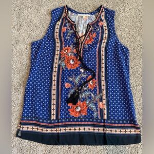 Daniel Rainn Boho Floral Print Flowy Embroidery V Neck Tassels Sleeveless Top S